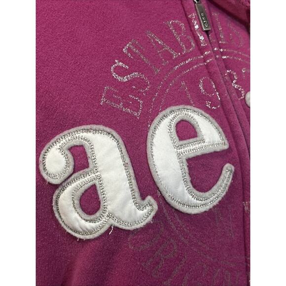 Aeropostale Y2K Puff Print Embroidered Spell Out Zip Up Hoodie Womens Sz L Pink - Picture 5 of 12